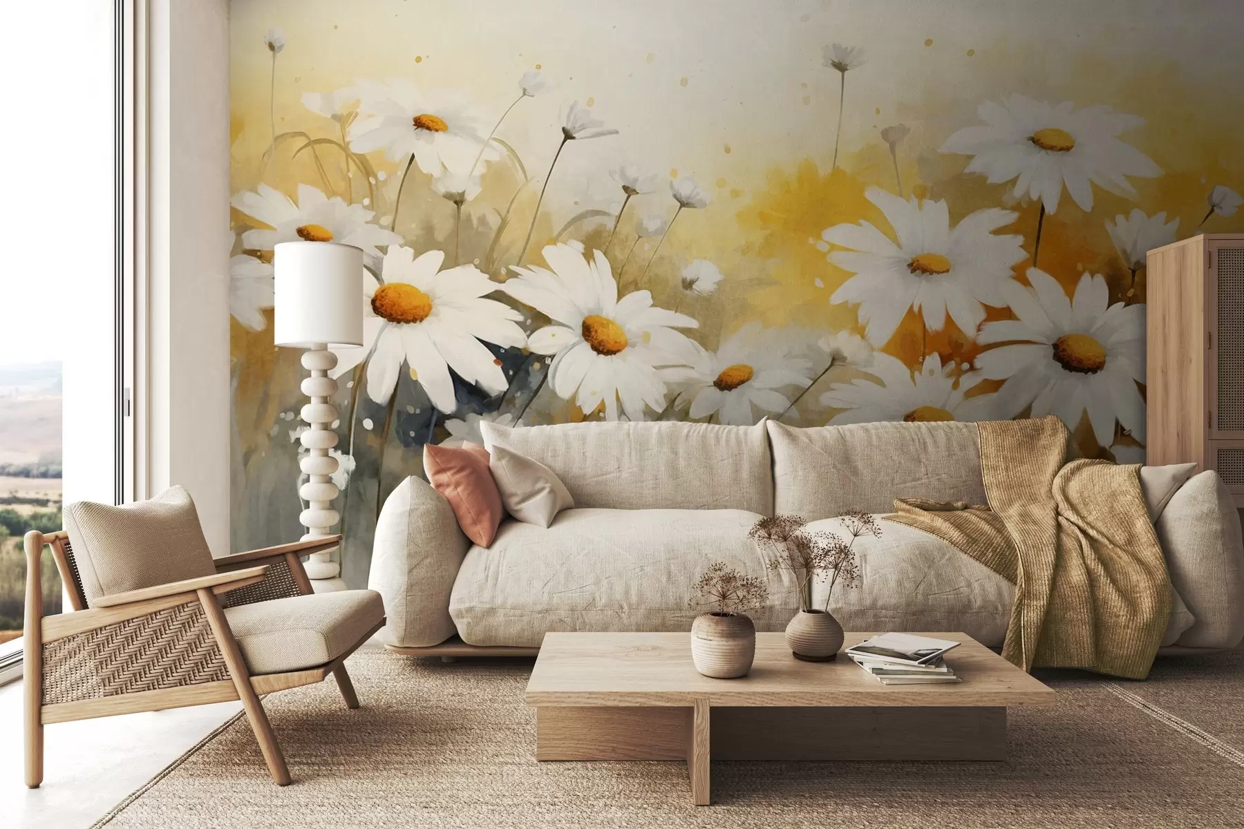 wall murals A field of white daisies with yellow centers, against a soft yellow and beige background, watercolor style  w09218