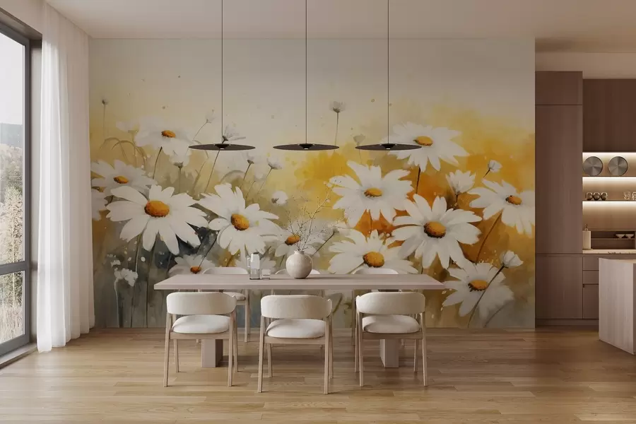 wall murals A field of white daisies with yellow centers, against a soft yellow and beige background, watercolor style  w09218