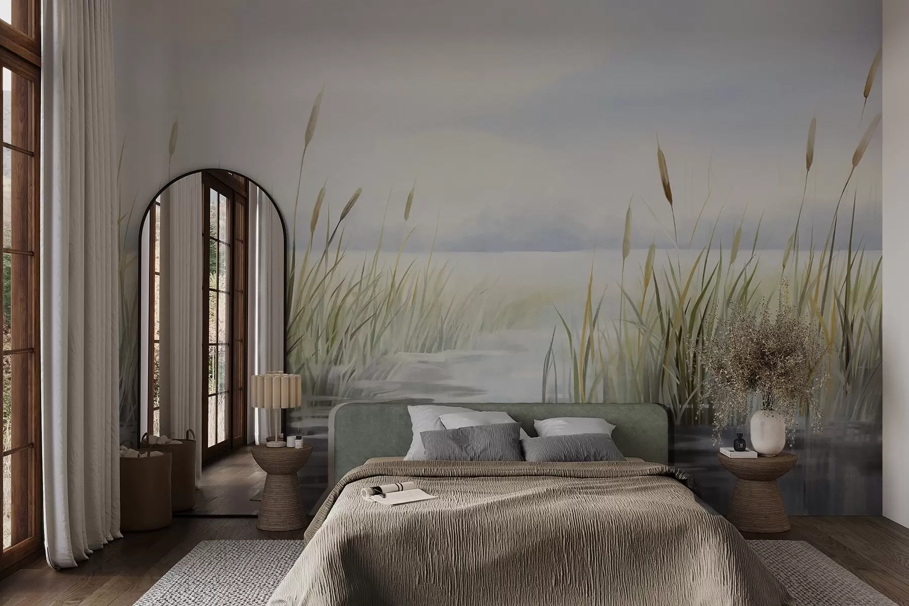 wall murals A watercolor textured painting imitation of landscape with lake, grass, overcast sky and blurred background w09219