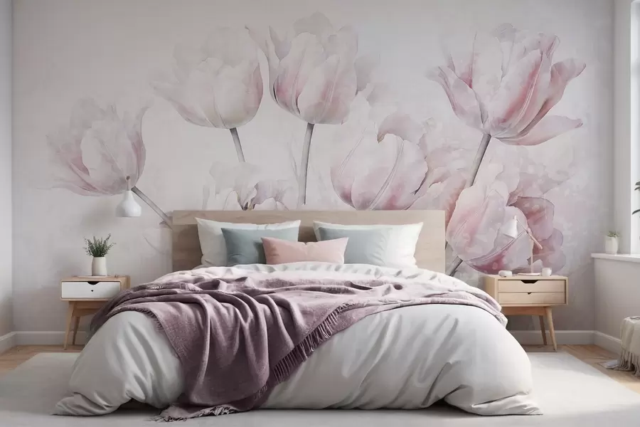 wall murals Pink textured tulips with green leaves, soft light, vintage watercolor style, delicate brushstrokes w09220