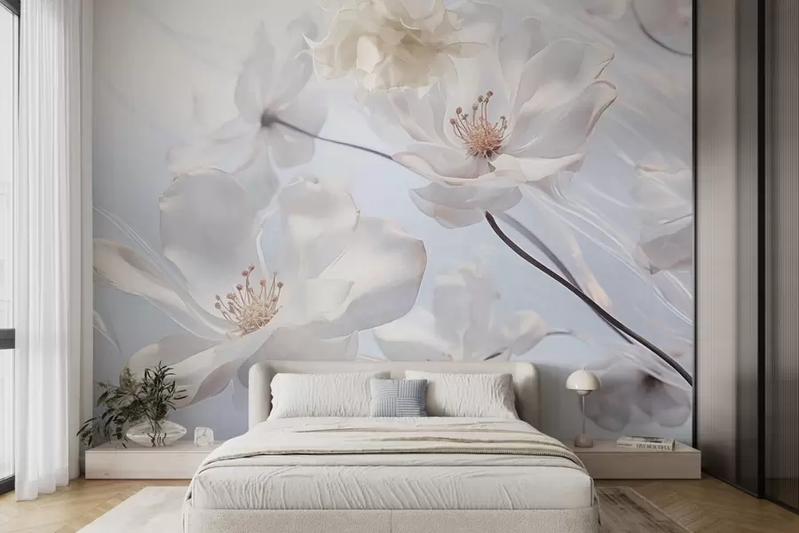 wall murals White textured transparent flowers with delicate petals, soft light blue background, elegant, romantic, dreamy w09233