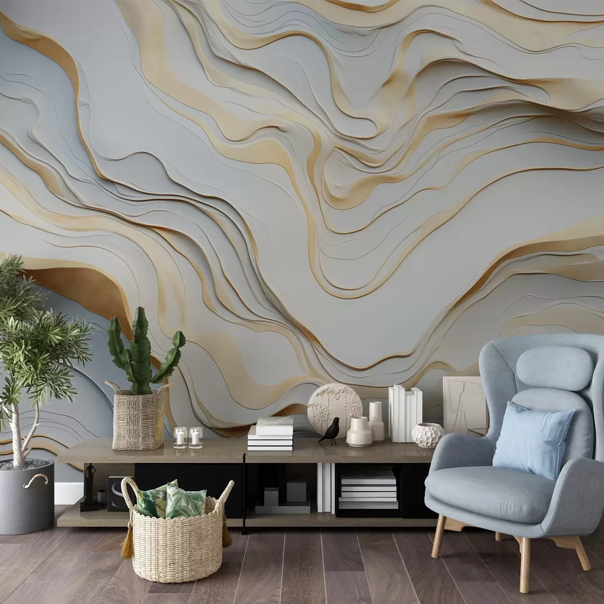 wall murals layers, waves, abstraction, beige, grey, smoothness, modern w04255