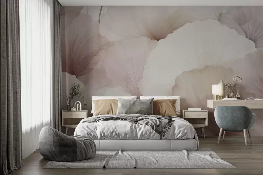 wall murals flowers, petals, cream, grey, softness, calm w04256v1