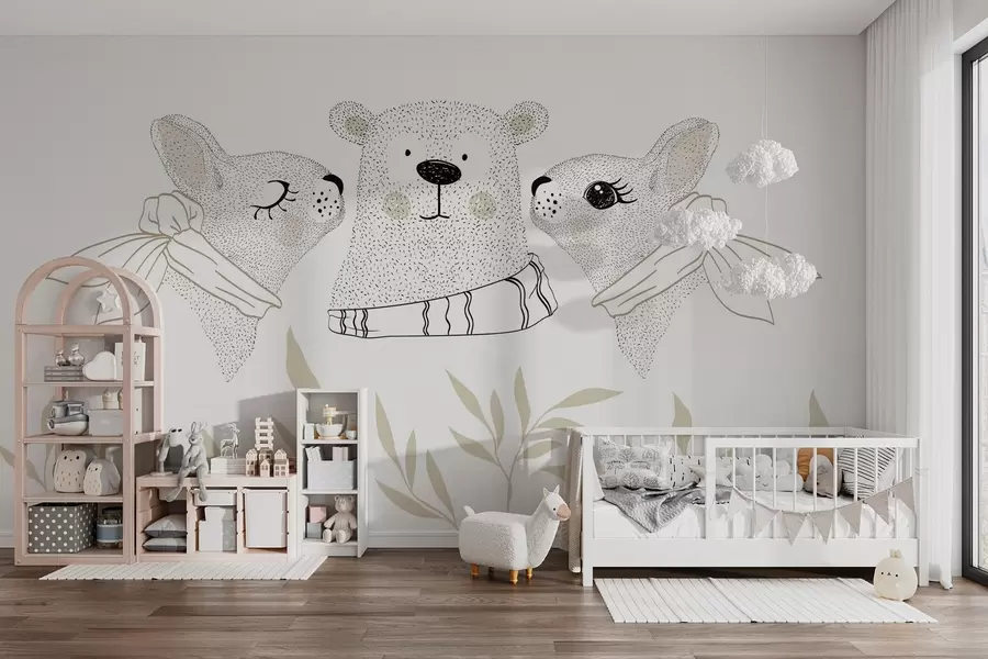 wall murals Funny animals, hares and a bear cub w04269v1