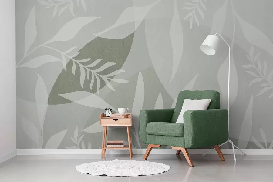 wall murals Silhouettes of twigs on a background of abstract circles, shades of green w04270v2
