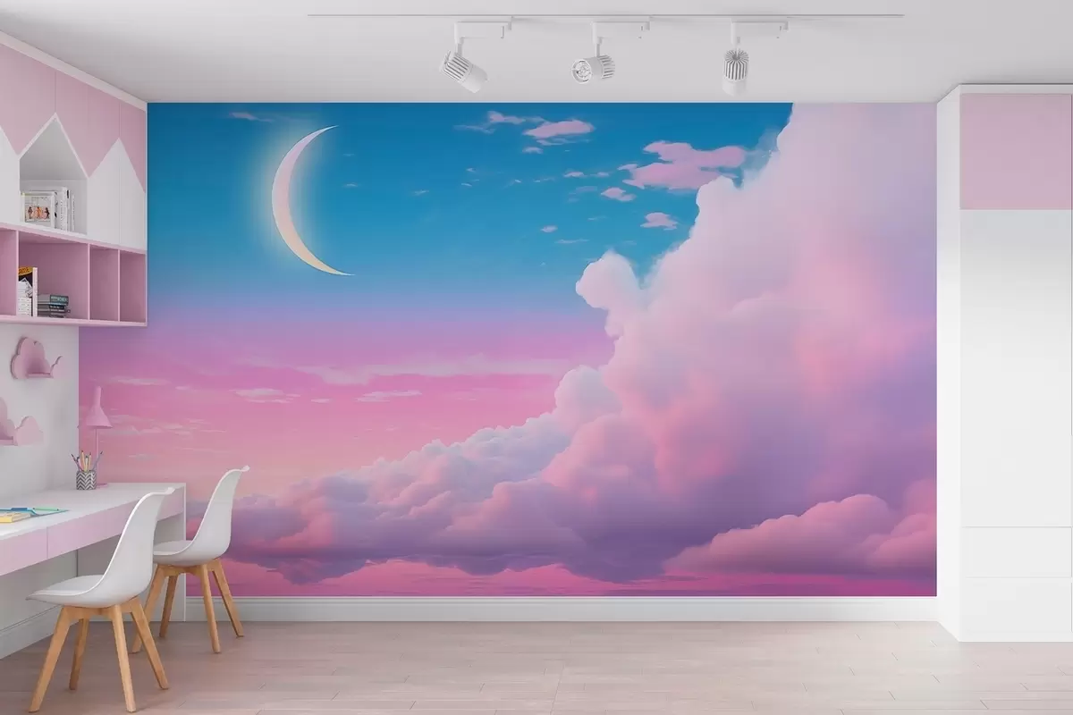 wall murals Magical sunset with clouds and crescent moon in pink and blue tones w09240