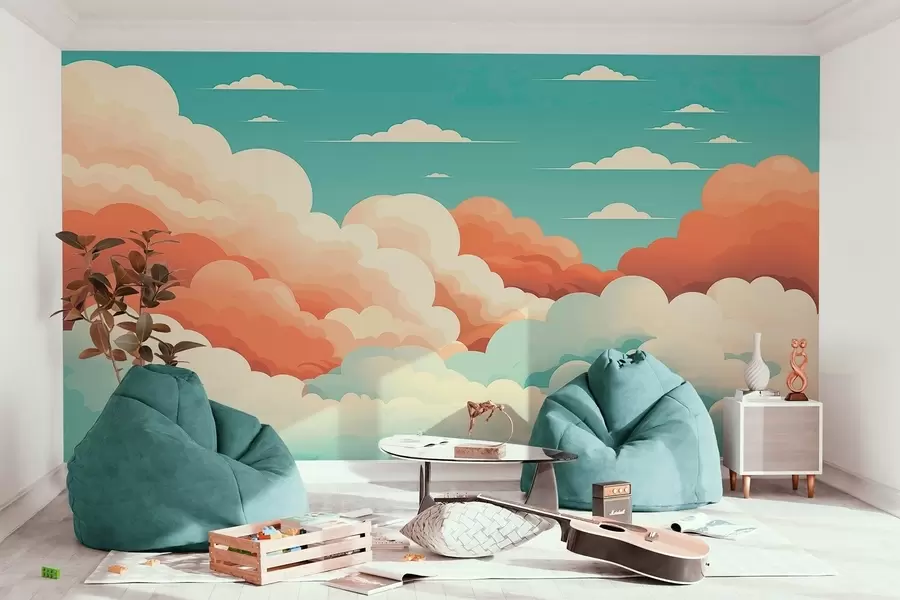 wall murals Whimsical cartoon-style clouds under a blue sky w09246