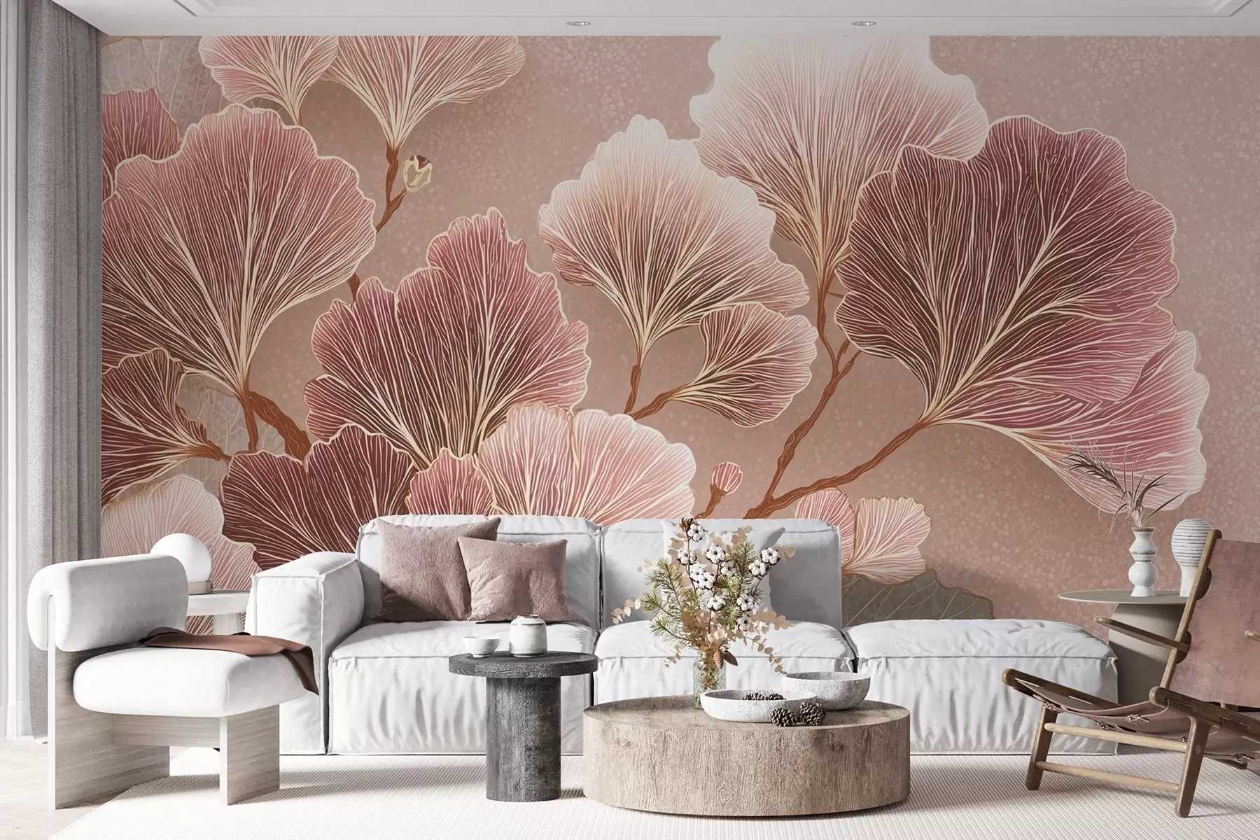 wall murals Branch of leaves in pink and purple shades w09249
