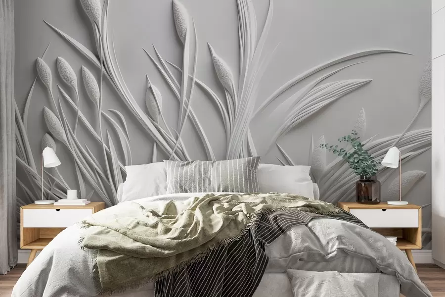 wall murals Bas-relief with delicate leaves and pampas w04247