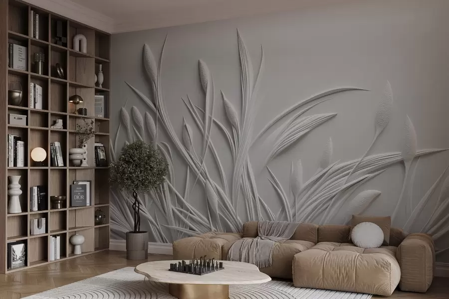 wall murals Bas-relief with delicate leaves and pampas w04247