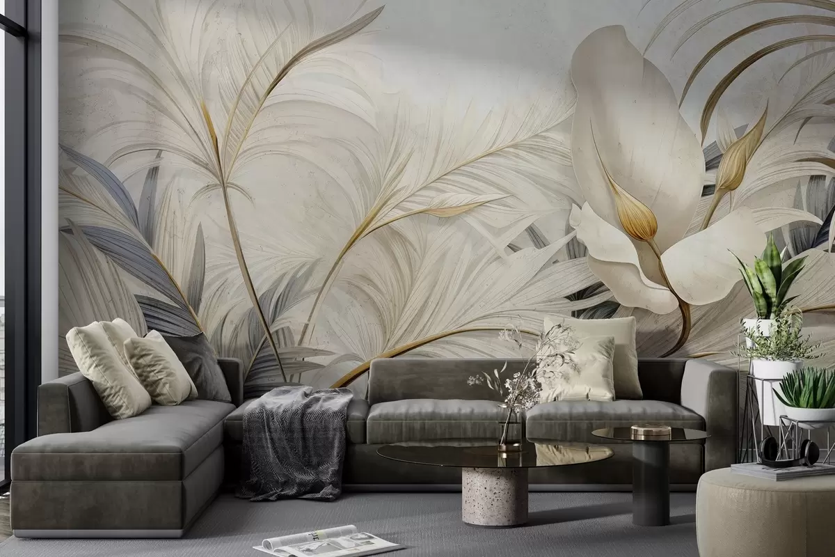 wall murals Tropical plants on a concrete wall w04249