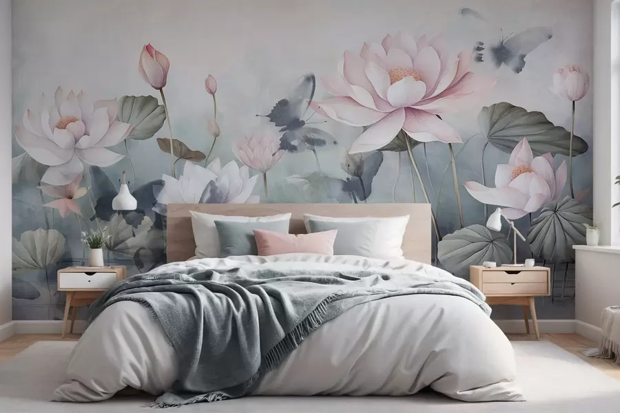 wall murals Lotus textured flowers with pink pastel petals, green leaves, water reflection, soft pastel colors , watercolor effect w09254