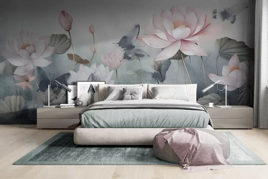 wall murals Lotus textured flowers with pink pastel petals, green leaves, water reflection, soft pastel colors , watercolor effect w09254