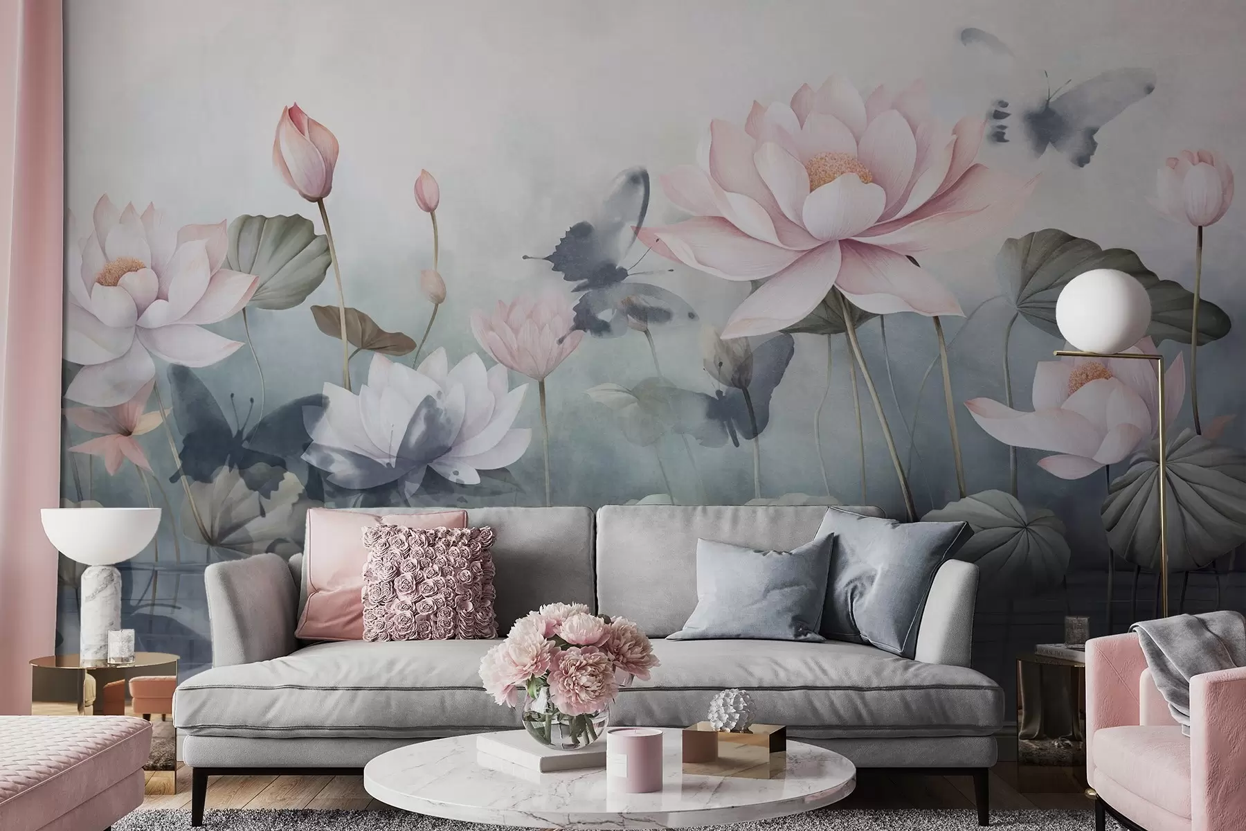 wall murals Lotus textured flowers with pink pastel petals, green leaves, water reflection, soft pastel colors , watercolor effect w09254
