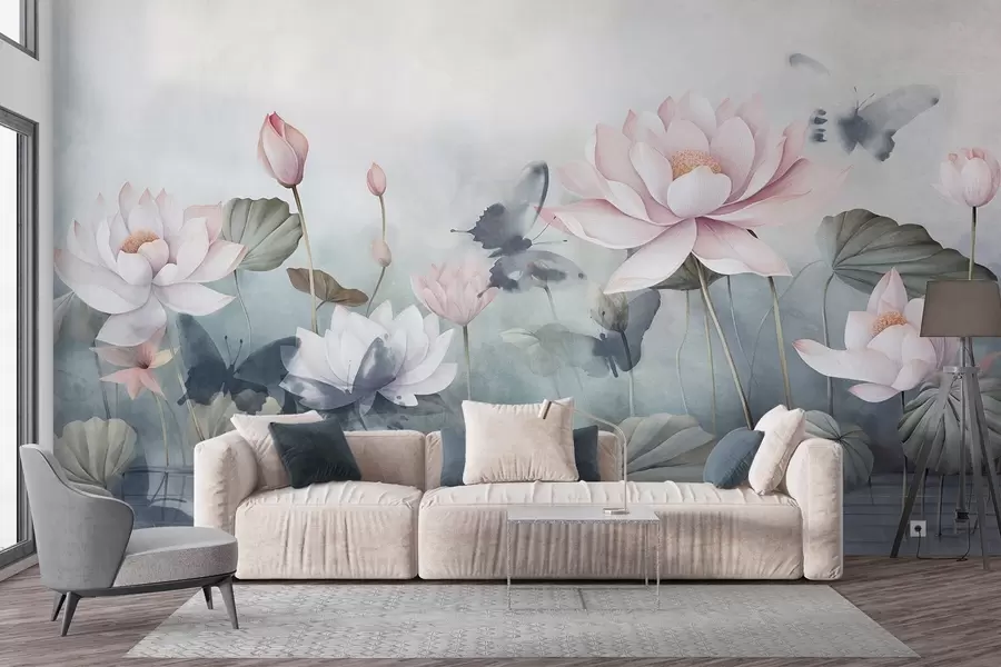 wall murals Lotus textured flowers with pink pastel petals, green leaves, water reflection, soft pastel colors , watercolor effect w09254