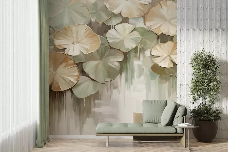 wall murals Textured lily pads with green and beige colors in a pond, the background is a blurry mix of white, green and brown w09255