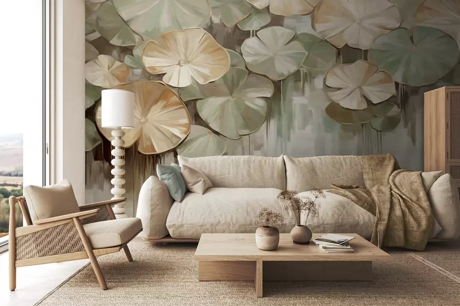 wall murals Textured lily pads with green and beige colors in a pond, the background is a blurry mix of white, green and brown w09255