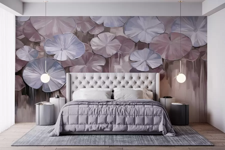 wall murals Textured lily pads with violet and blue colors in a pond, the background is a blurry mix of soft shades of purple w09255v1