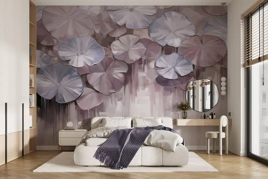 wall murals Textured lily pads with violet and blue colors in a pond, the background is a blurry mix of soft shades of purple w09255v1