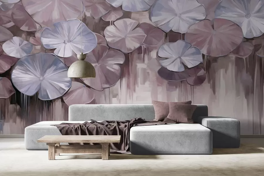 wall murals Textured lily pads with violet and blue colors in a pond, the background is a blurry mix of soft shades of purple w09255v1