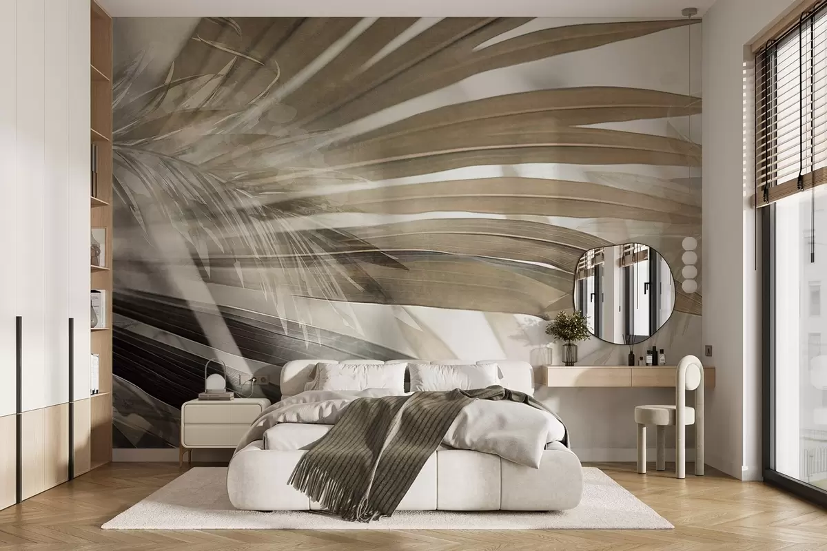 wall murals Palm leaves with a light brown hue, overlapping and creating a layered effect, against a soft, neutral background w09256
