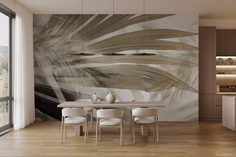 wall murals Palm leaves with a light brown hue, overlapping and creating a layered effect, against a soft, neutral background w09256