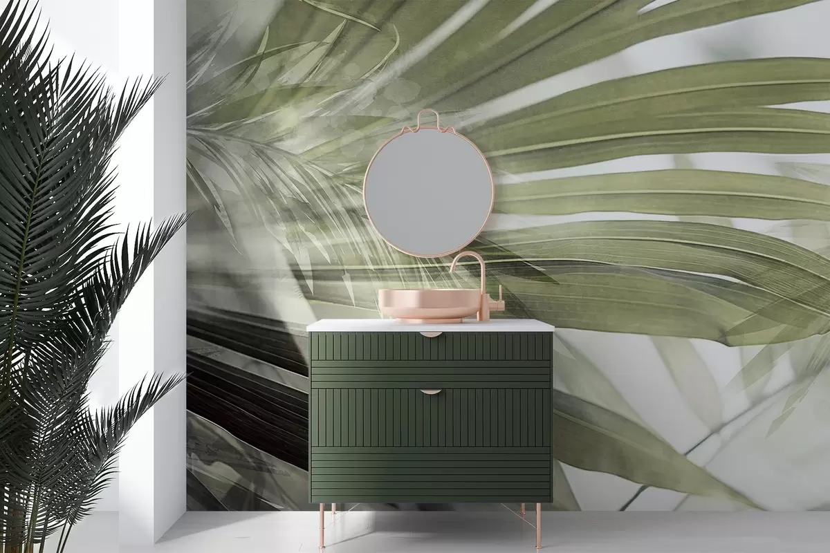 wall murals Palm leaves with a light green hue, overlapping and creating a layered effect, against a soft, neutral background w09256v1