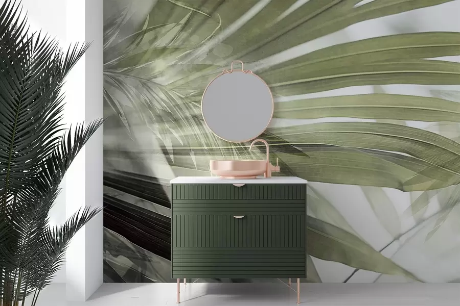 wall murals Palm leaves with a light green hue, overlapping and creating a layered effect, against a soft, neutral background w09256v1