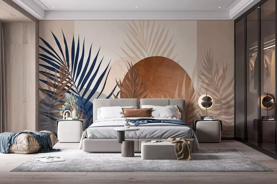 wall murals Abstract textured composition featuring tropical leaves in shades of blue and earthy tones, with a large circular shape w09257