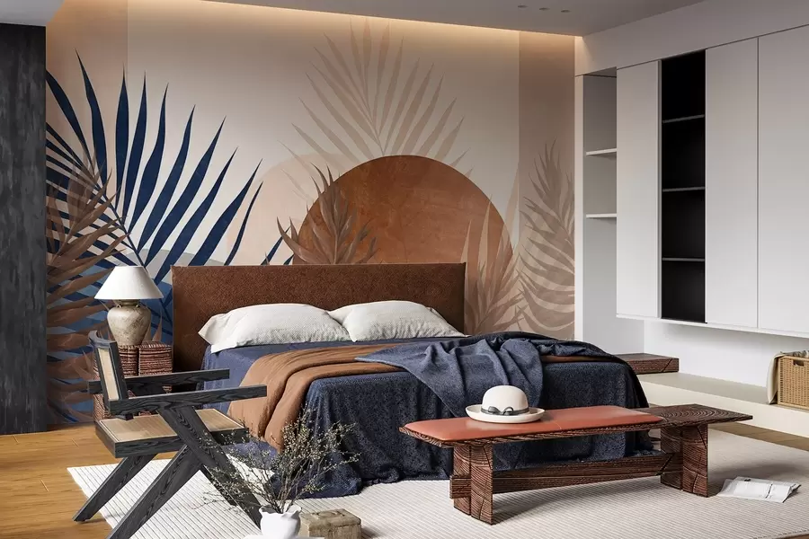 wall murals Abstract textured composition featuring tropical leaves in shades of blue and earthy tones, with a large circular shape w09257