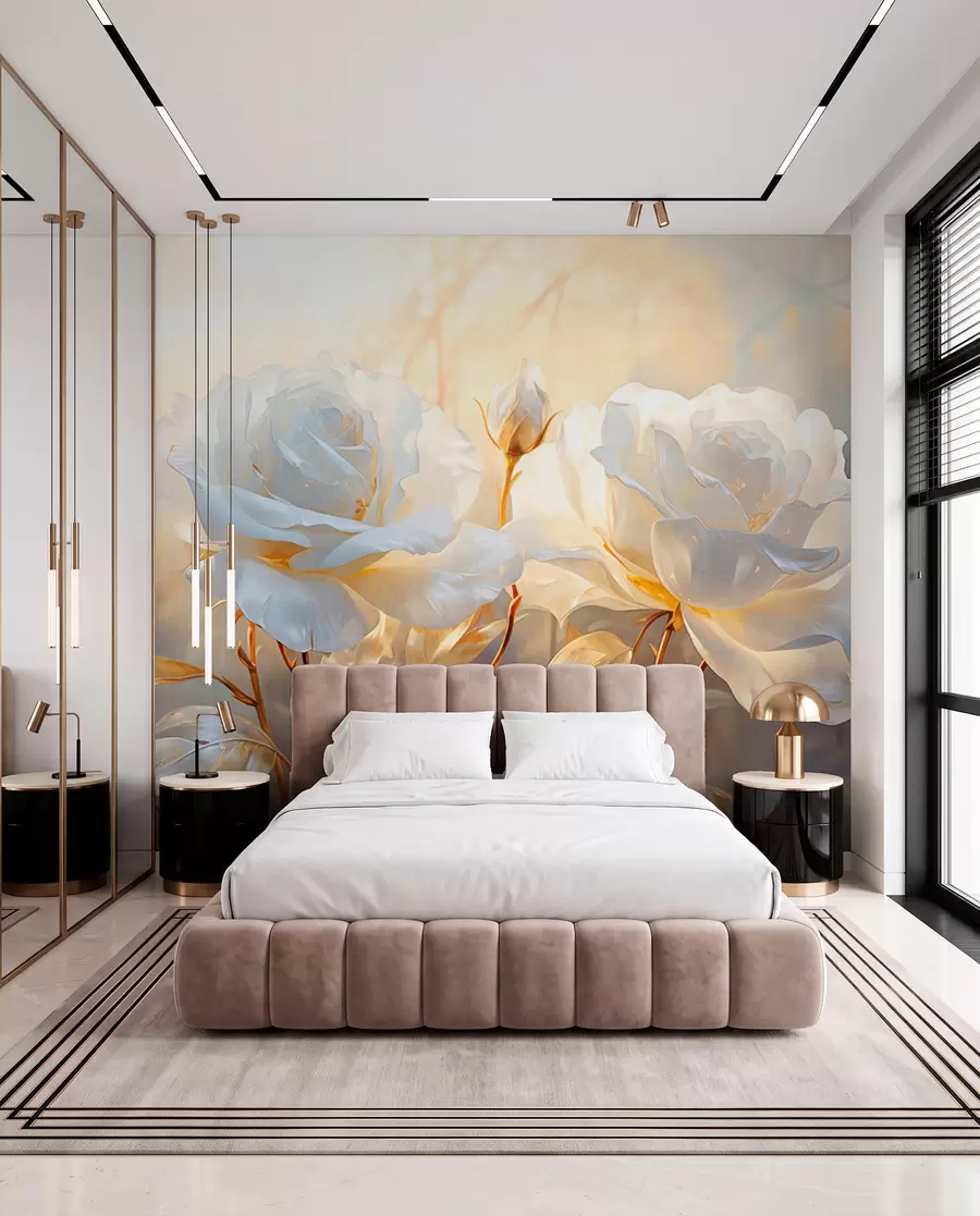 wall murals White textured roses with yellow stems and leaves, soft lighting, light background with blurred floral shapes w09258