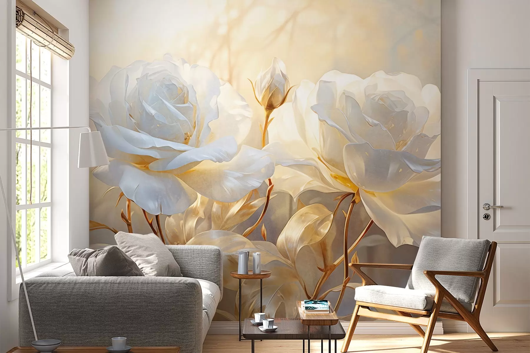 wall murals White textured roses with yellow stems and leaves, soft lighting, light background with blurred floral shapes w09258