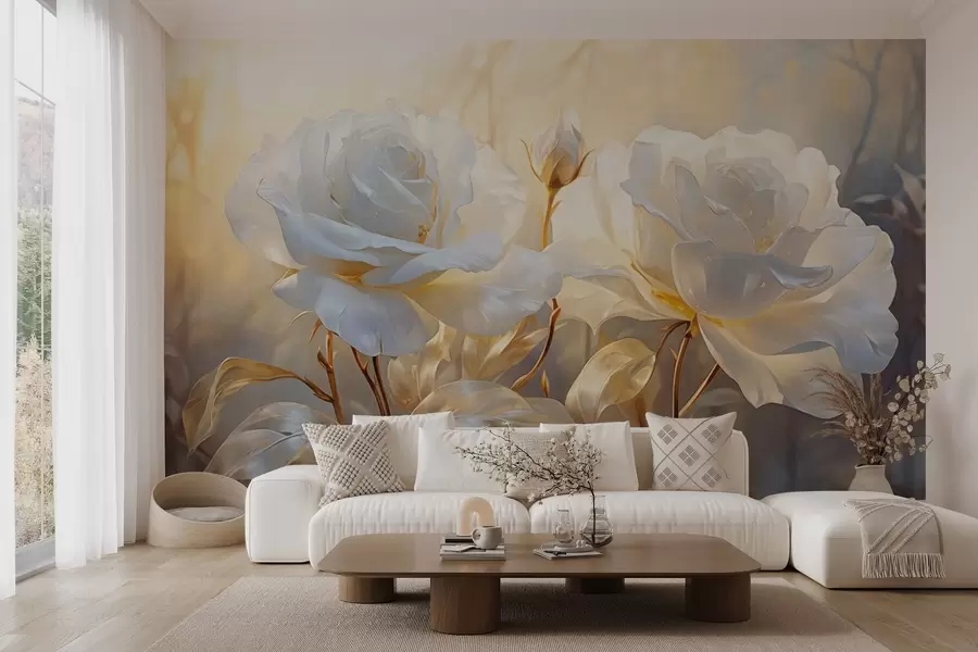 wall murals White textured roses with yellow stems and leaves, soft lighting, light background with blurred floral shapes w09258