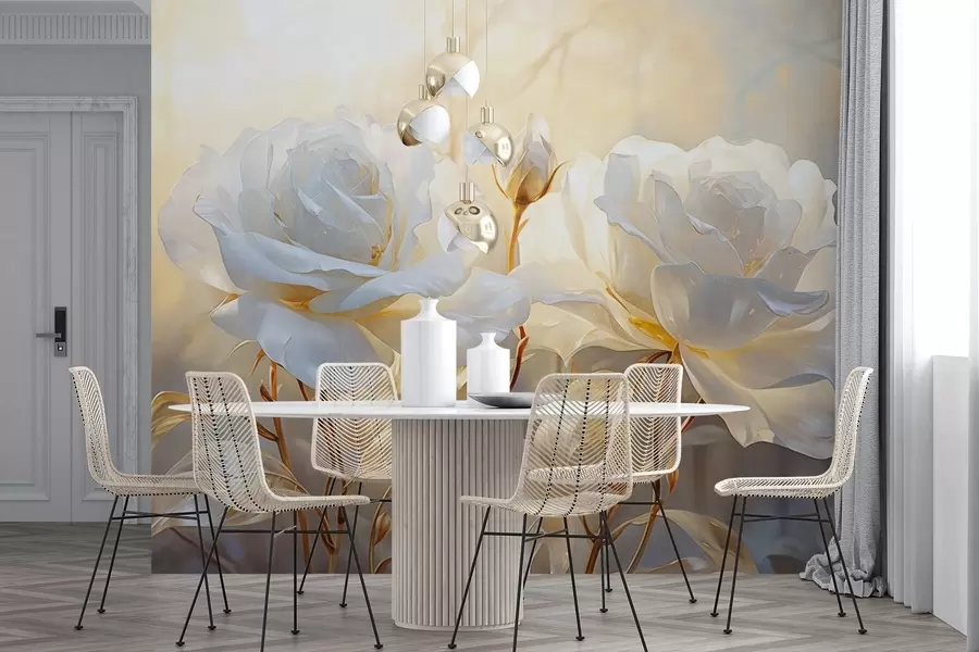 wall murals White textured roses with yellow stems and leaves, soft lighting, light background with blurred floral shapes w09258