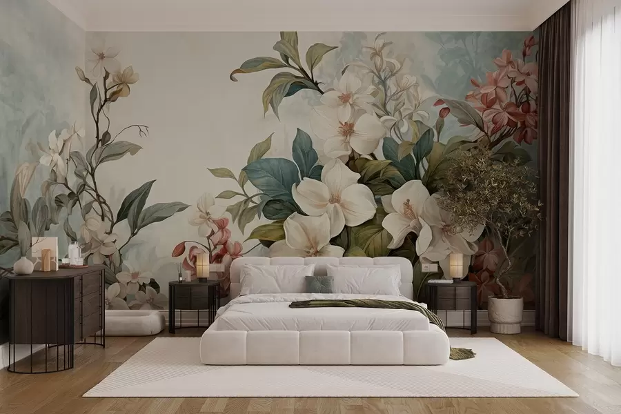 wall murals Textured tropical flowers and leaves with soft blue and green hues, delicate brushstrokes, vintage botanical style w09259