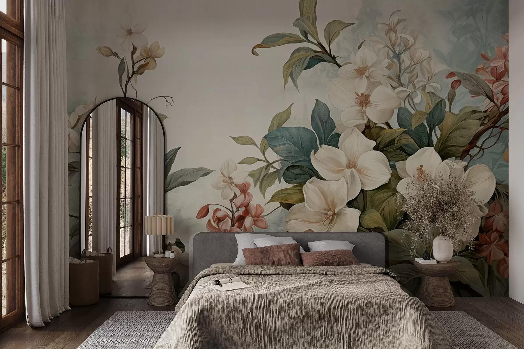 wall murals Textured tropical flowers and leaves with soft blue and green hues, delicate brushstrokes, vintage botanical style w09259