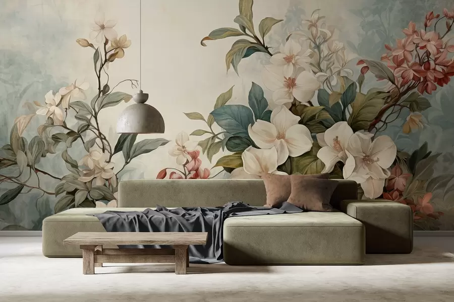 Wall murals Textured tropical flowers and leaves with soft blue and green hues, delicate brushstrokes, vintage botanical style w09259 buy UK - Uwalls.co.uk wall murals Textured tropical flowers and leaves with soft blue and green hues, delicate brushstrokes, vintage botanical style w09259