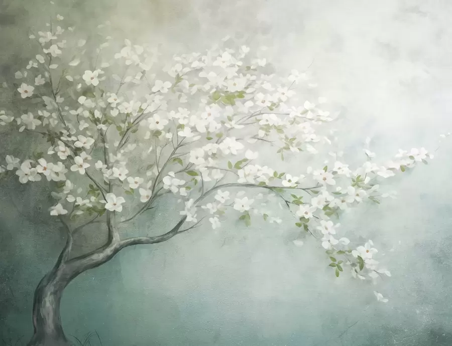 wall murals A blooming tree with white flowers in full bloom, against a grainy noisy textured background of muted blue and green w09261