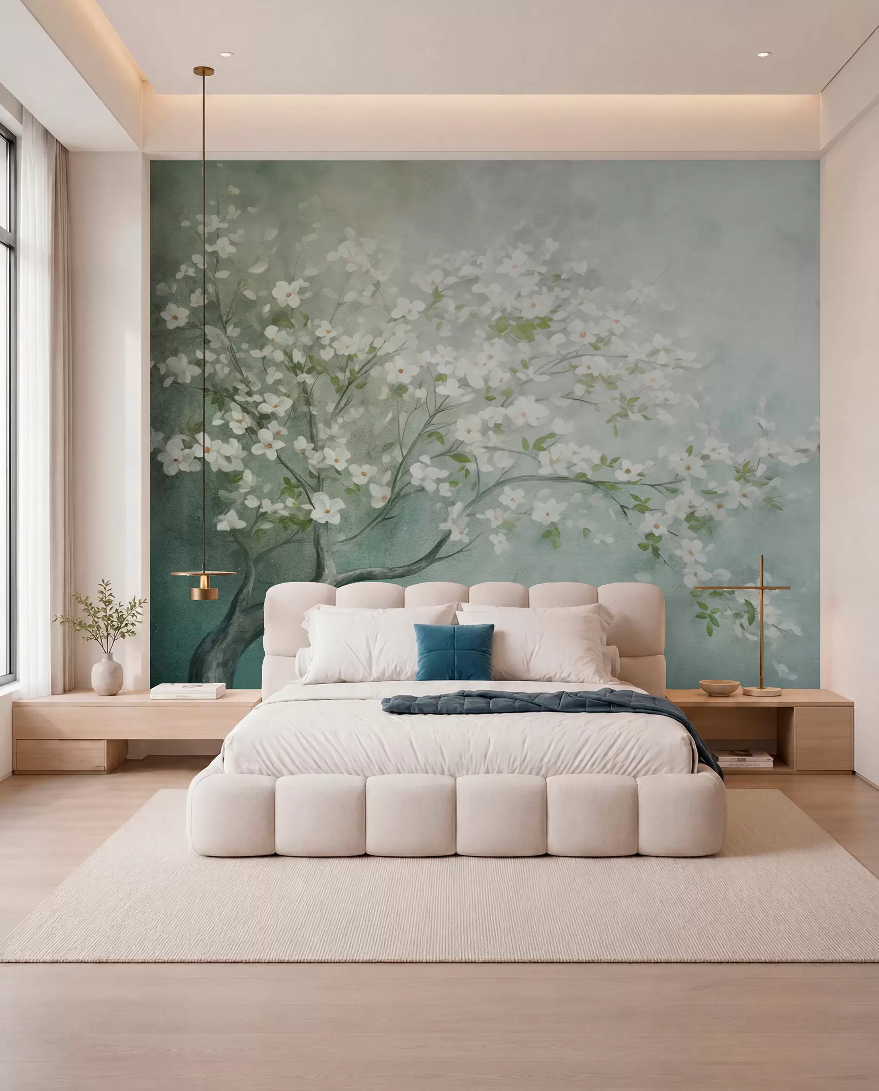 wall murals White Blossom on Teal w09261
