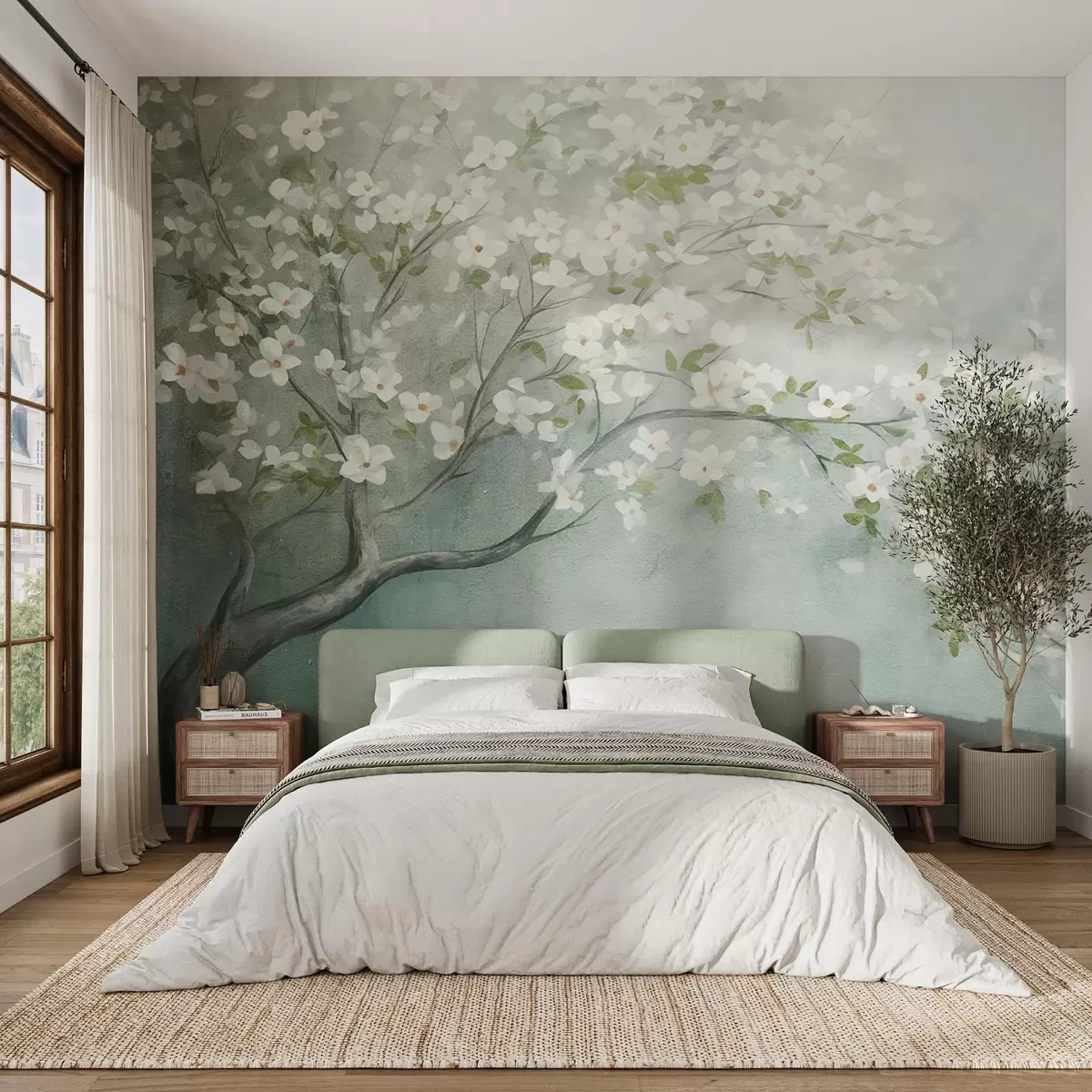 wall murals A blooming tree with white flowers in full bloom, against a grainy noisy textured background of muted blue and green w09261