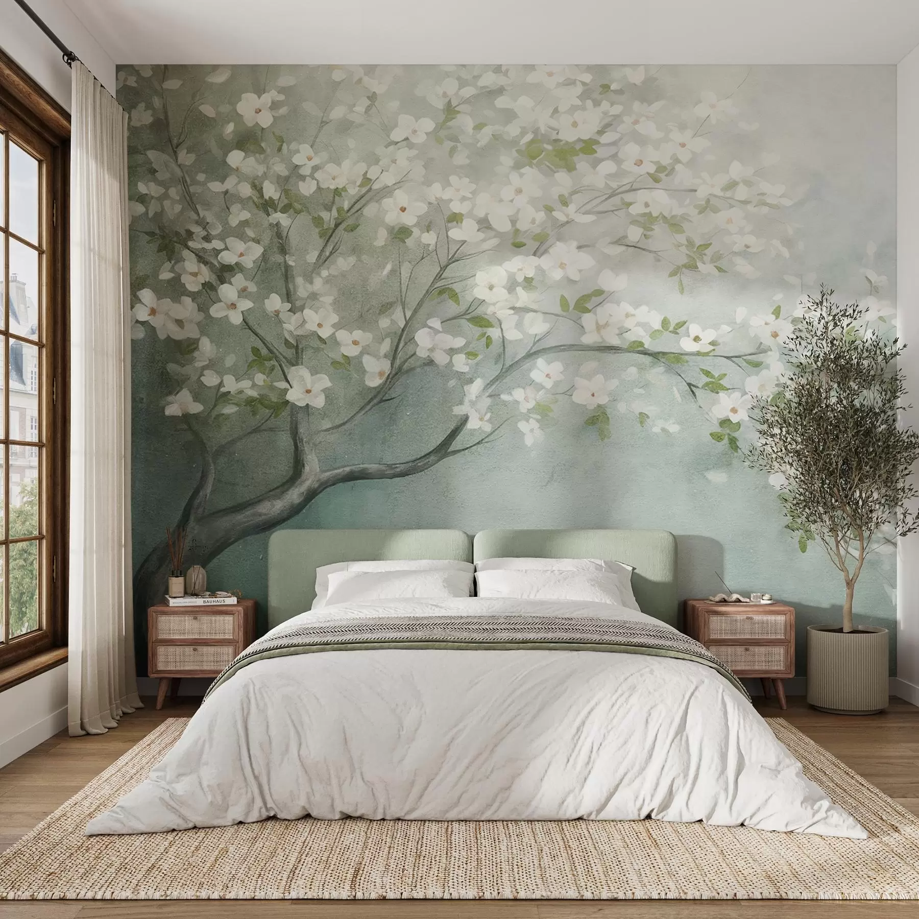 wall murals A blooming tree with white flowers in full bloom, against a grainy noisy textured background of muted blue and green w09261