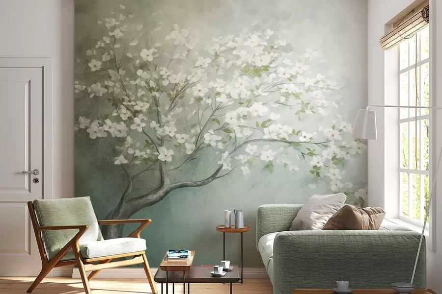 wall murals A blooming tree with white flowers in full bloom, against a grainy noisy textured background of muted blue and green w09261