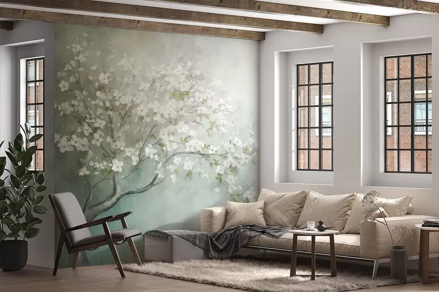 wall murals A blooming tree with white flowers in full bloom, against a grainy noisy textured background of muted blue and green w09261