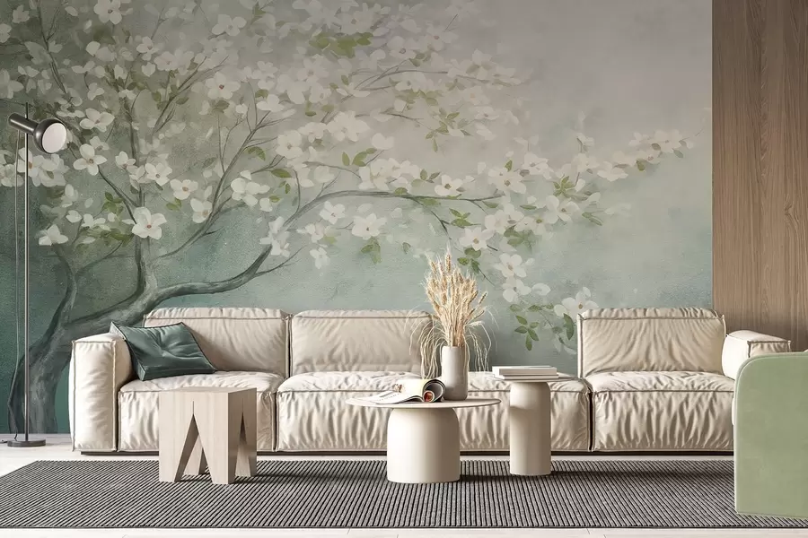 wall murals A blooming tree with white flowers in full bloom, against a grainy noisy textured background of muted blue and green w09261