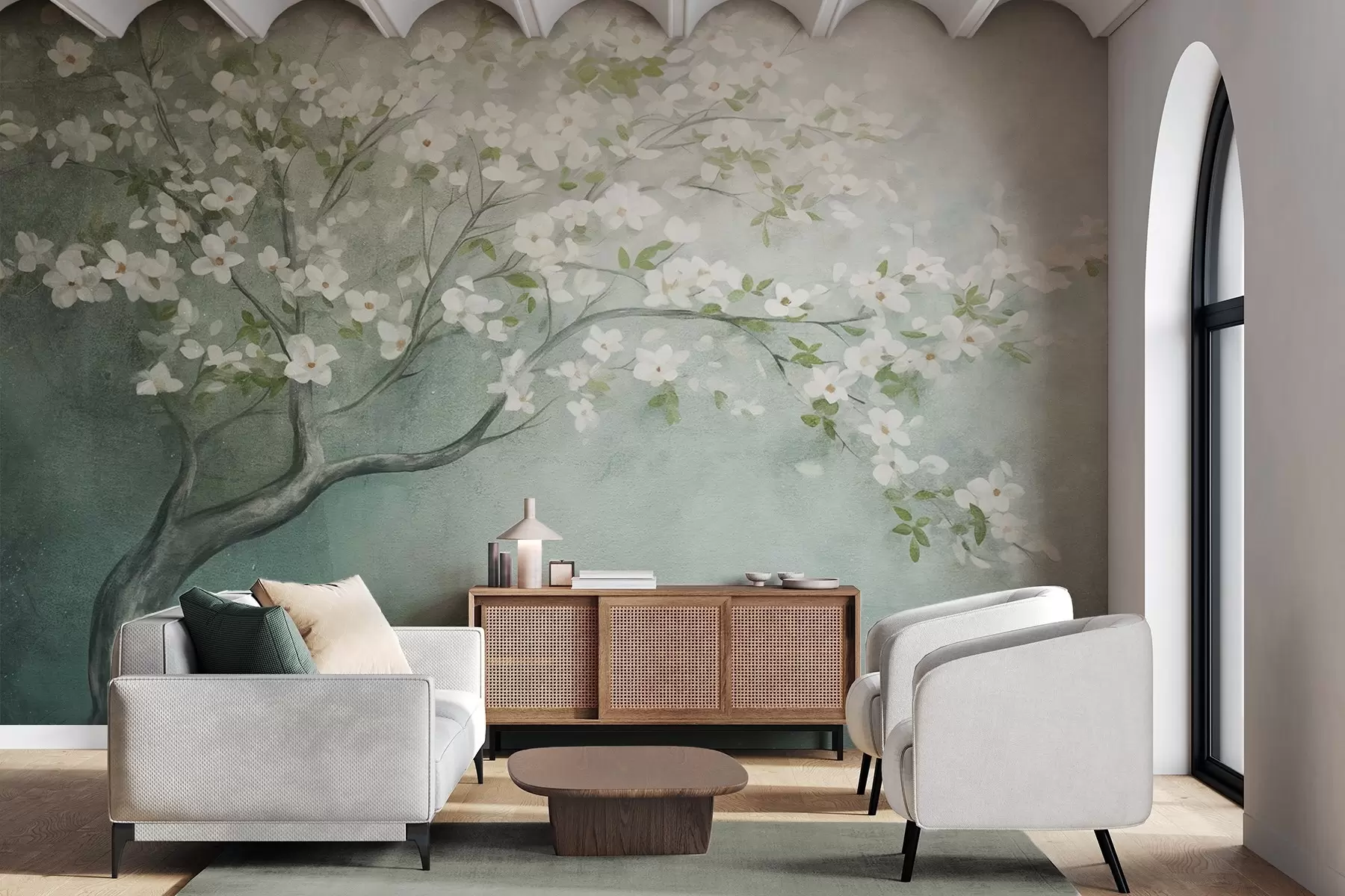 wall murals A blooming tree with white flowers in full bloom, against a grainy noisy textured background of muted blue and green w09261