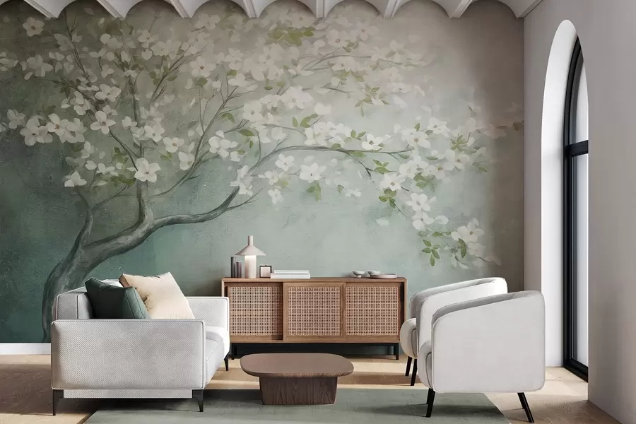 wall murals A blooming tree with white flowers in full bloom, against a grainy noisy textured background of muted blue and green w09261