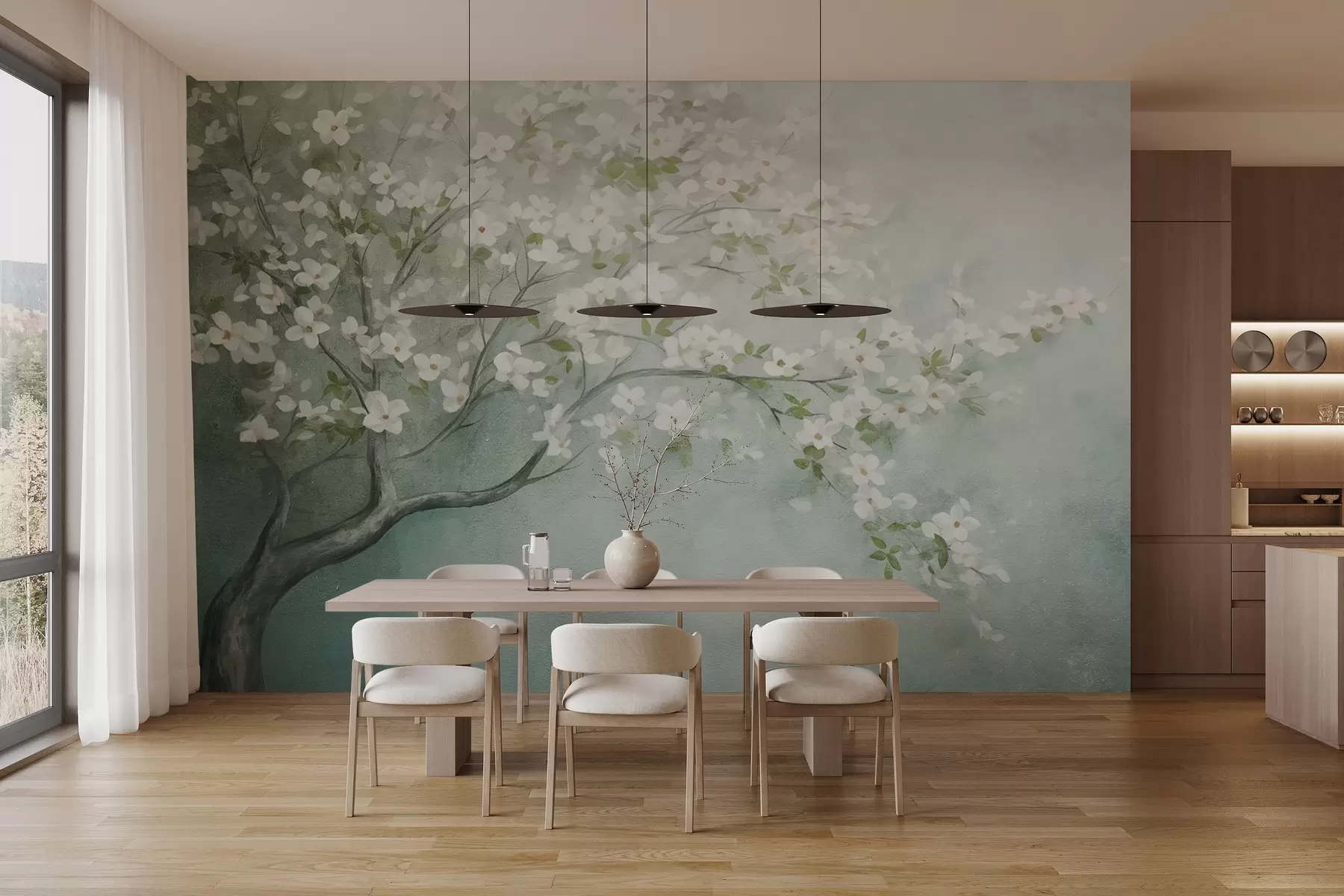 wall murals A blooming tree with white flowers in full bloom, against a grainy noisy textured background of muted blue and green w09261