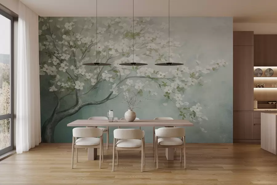 wall murals A blooming tree with white flowers in full bloom, against a grainy noisy textured background of muted blue and green w09261