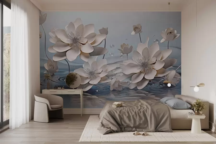wall murals White textured flowers with water drops, reflections on the water surface, light blue background, elegant design w09262