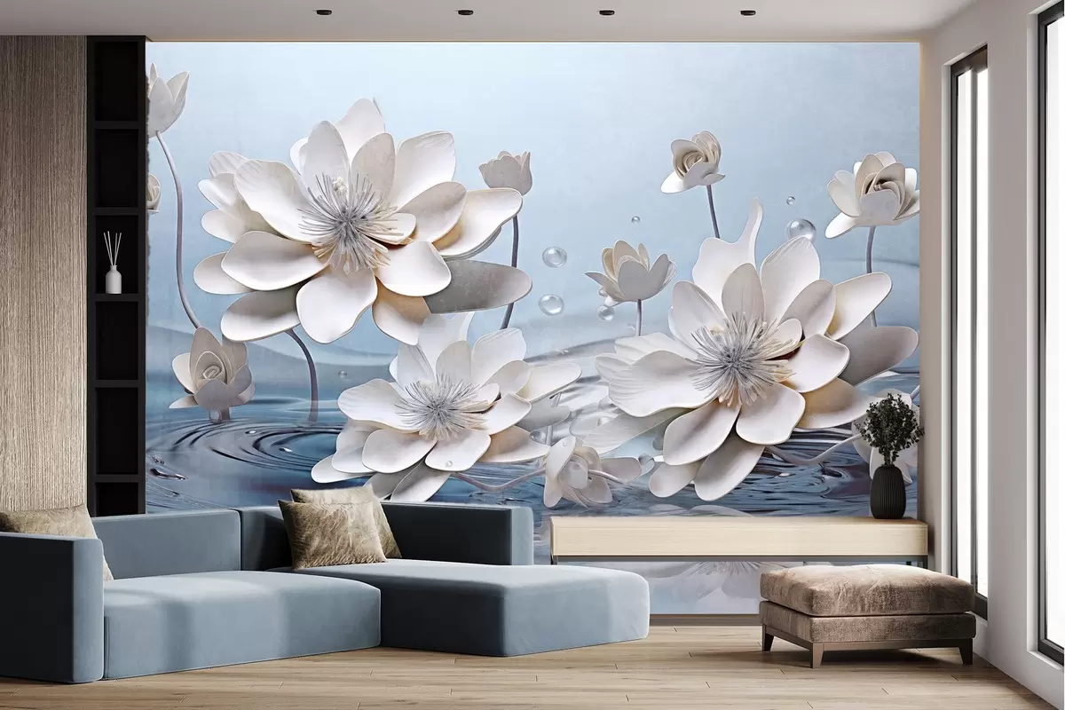 wall murals White textured flowers with water drops, reflections on the water surface, light blue background, elegant design w09262